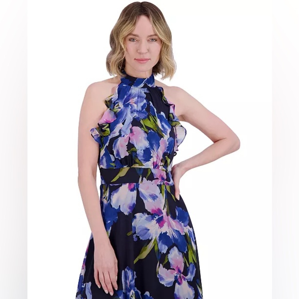Eliza J Floral Chiffon Ruffled Halter Maxi Dress - Picture 3 of 7